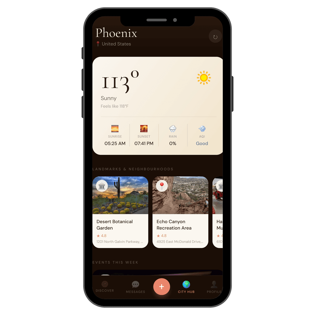 Viamour City Hub screen showing Phoenix weather and nearby landmarks