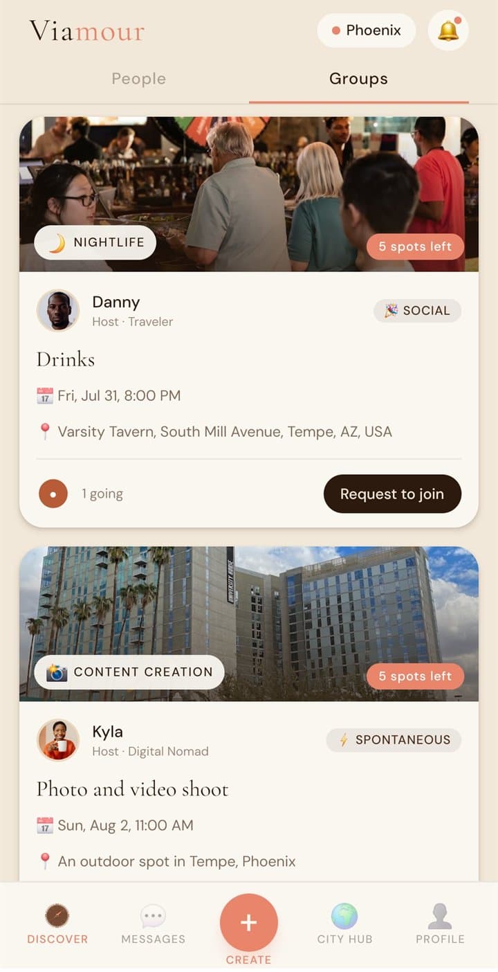 Viamour Groups screen showing joinable community meetups in Tempe, Phoenix