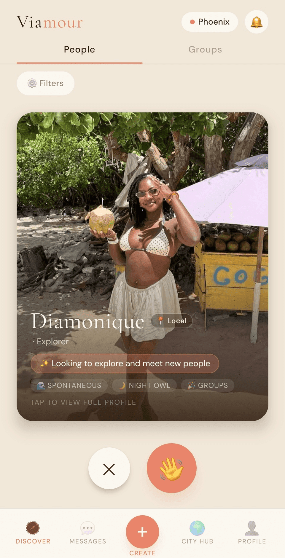 Viamour Discover screen showing a traveler's profile card and the People and Groups feed